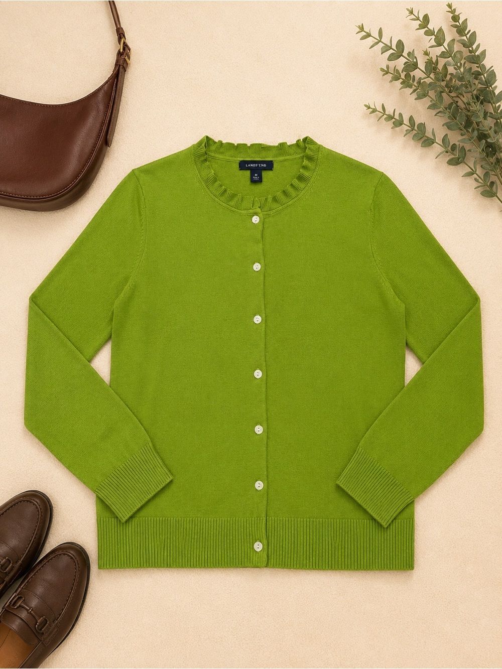 Lands’ End Ruffle Neck Cardigan Sweater Medium Vintage Y2K Lime Green